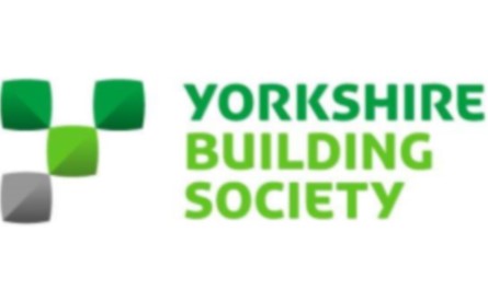 'Yorkshire Building Society' green font on white background beside a pattern of three green and one grey squares.