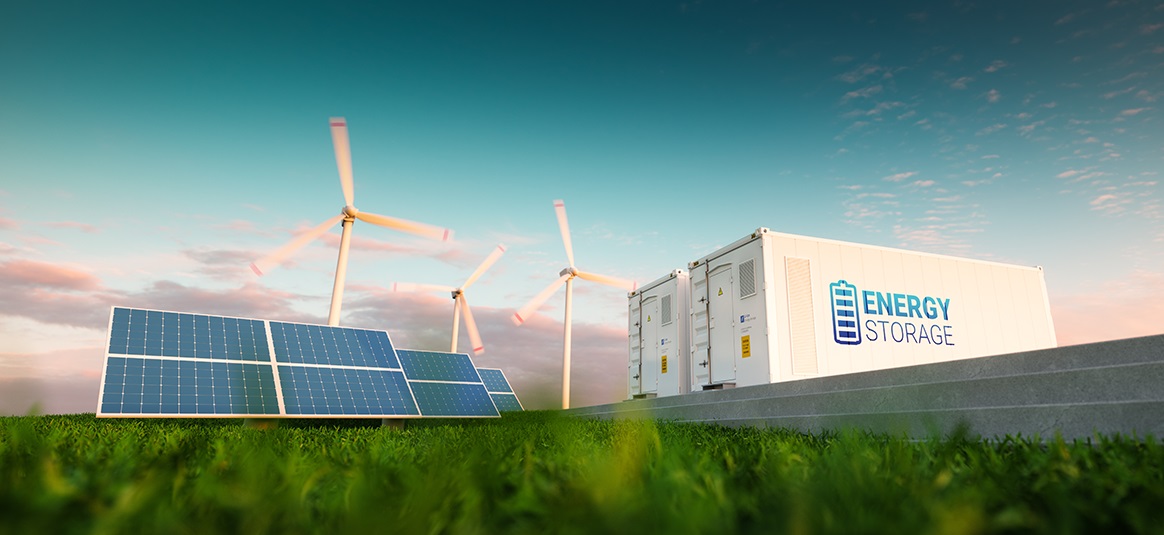 composite photo of windfarm, solar panels and energy storage unit