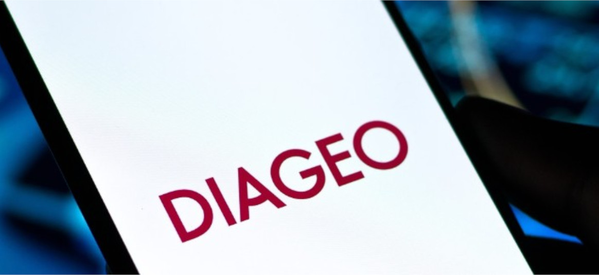 'Diageo' red logo on white background, diplaying on a smartphone screen.
