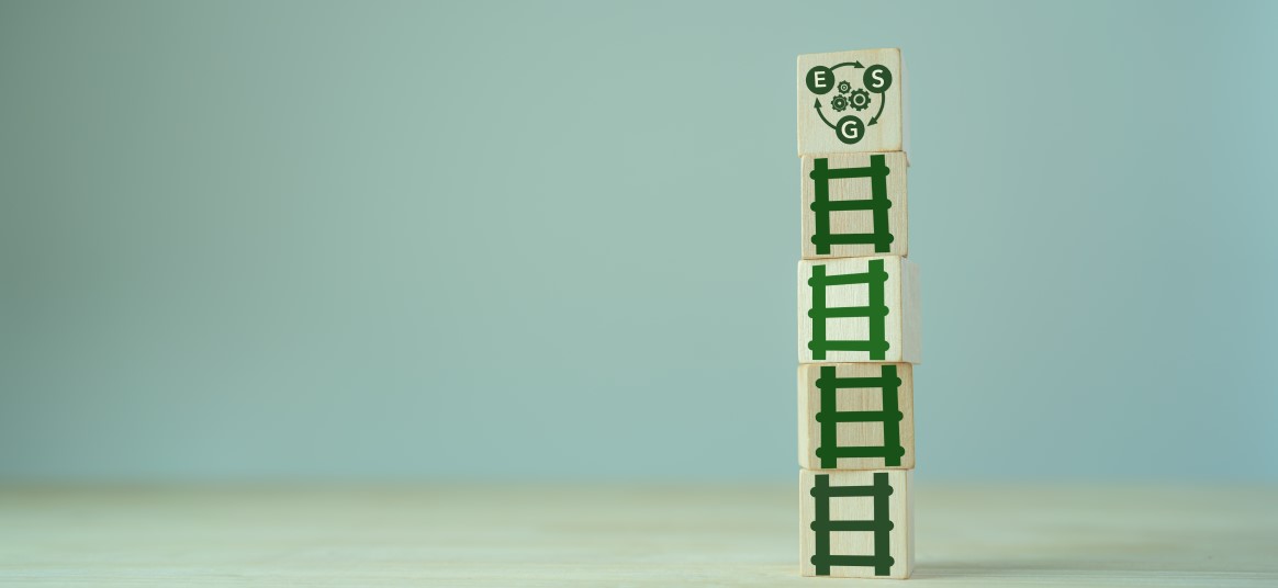 a stack of building blocks with ladder print, leading to one with ESG printed on