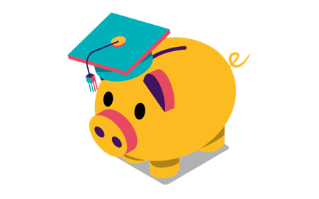 Illustration of a piggy bank wearing a graduation cap.