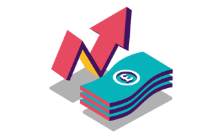Illustration of a stack of money with an upwards trending arrow alongside.