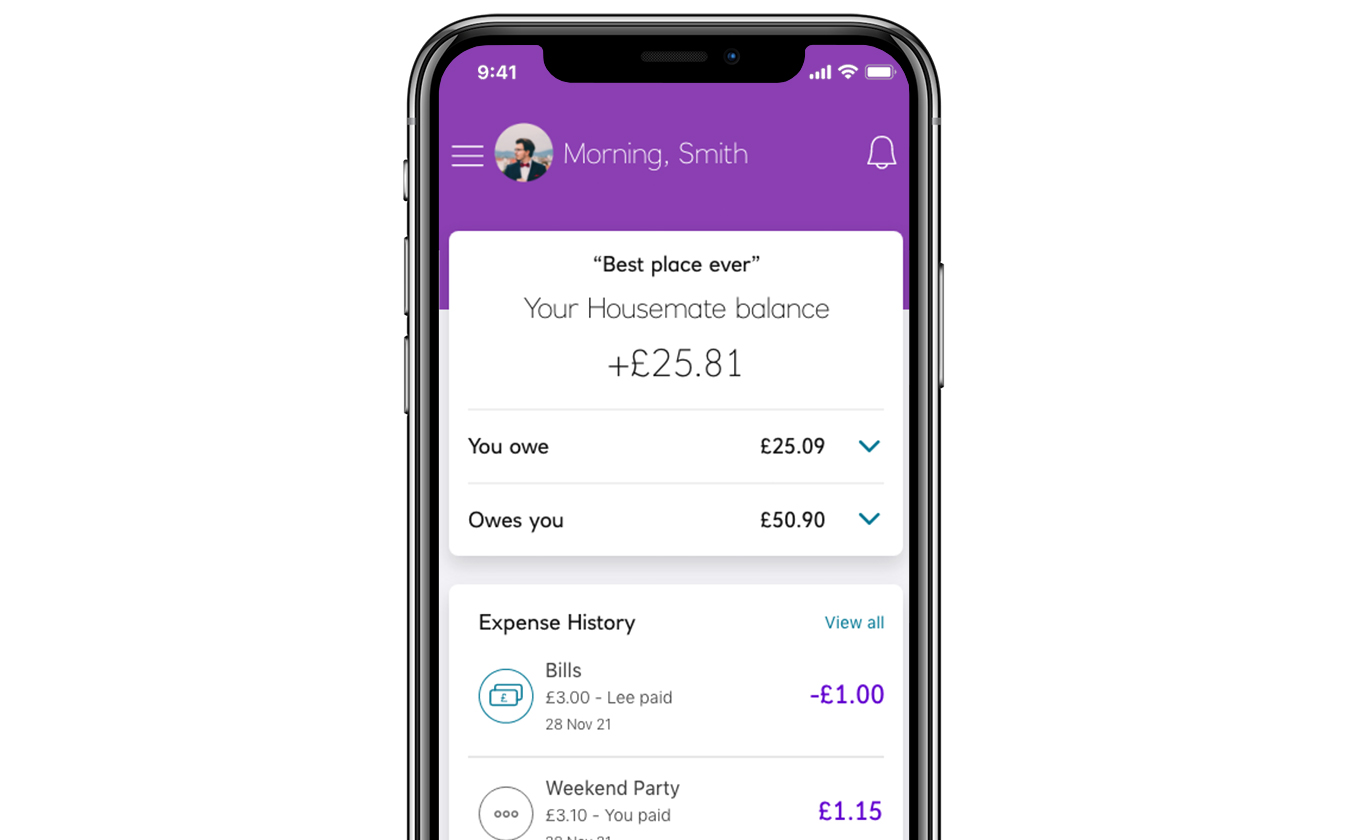 Housemate app is open, showing the homepage. 'Your Housemate balance' is shown at £25.81, with a breakdown of what you owe and who owes you. Also, there is a complete list of transactions and expense history.