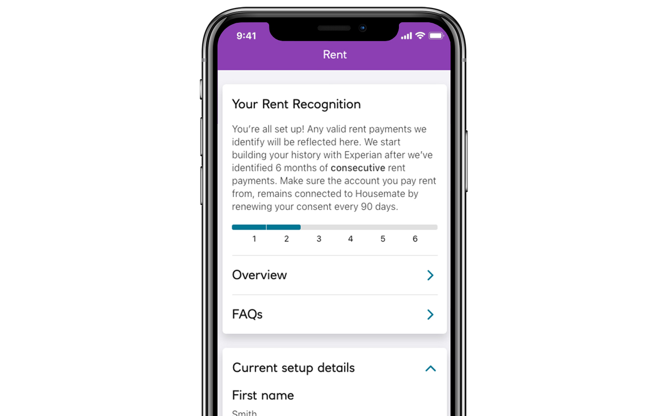 Housemate app is open, showing the Rent tab. Rent recognition is set up to track consecutive payments of up to 6 months., with the chance to click on 'Overview' and 'FAQs' as well on the same page.