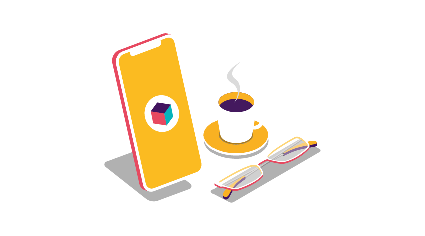 Mobile phone with cup of coffee and reading glasses