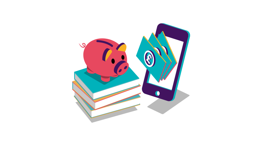 Illustration of a piggy bank on a stack of books next to a phone with pound notes on the screen.