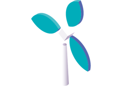 Wind turbine illustration with cube turning green leaf shapes.