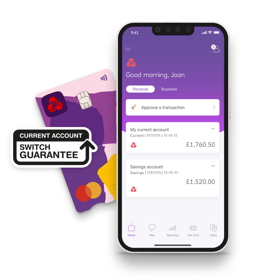 NatWest mobile app and bank card shown with Current Account Switch Guarantee logo overlaid on top.