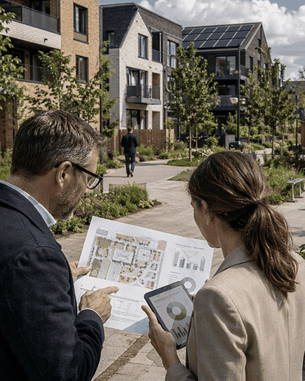 Two people reviewing data charts, roadside 