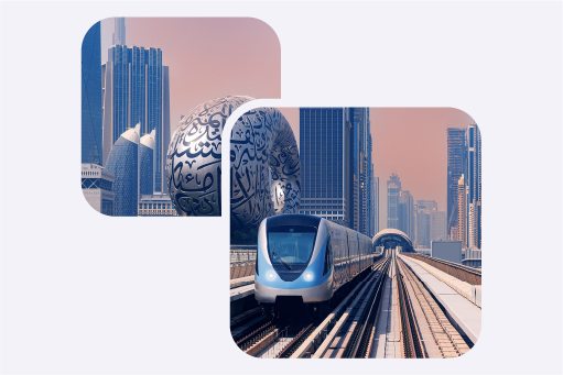 A futuristic looking train driving through an urban envrionment.