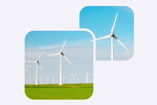Wind turbines in a green field.