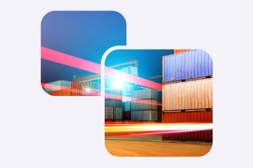 Bright lights streaking around shipping containers. 