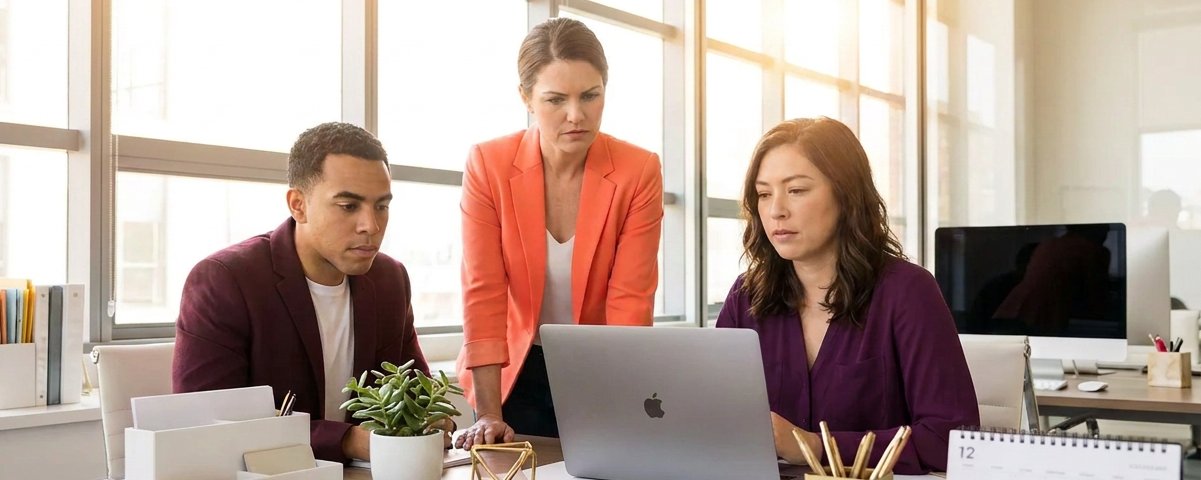 Three individuals in an office gathered around a laptop.