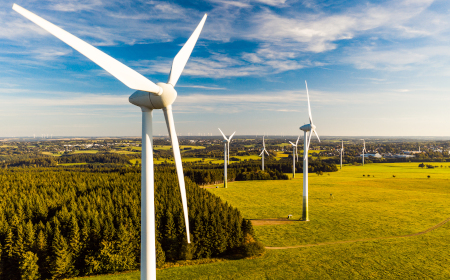 A wind farm in a field.