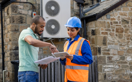A man talking to a woman in a hardhat and hi vis jacket whilst both looking at a tablet.