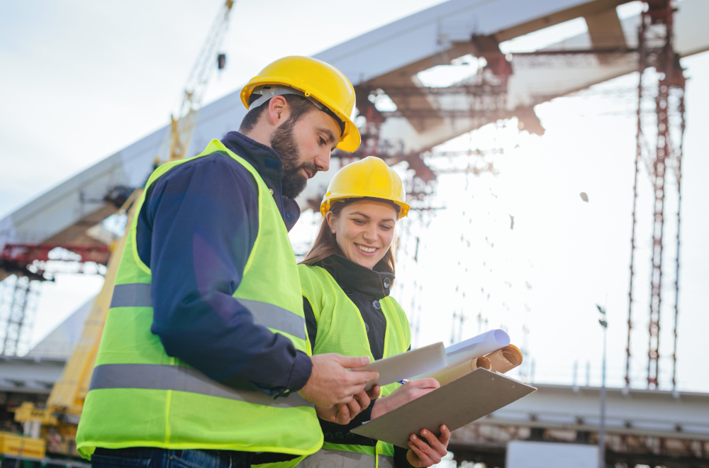 A man and a woman wearing hard hats and hi vis jackets looking at clipboards and tablet on a worksite.