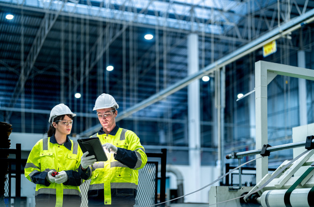 A man and woman wearing hard hats, glasses and hi-vis jackets looking at the tablet that the man is holding.