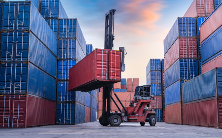 A forklift carrying a shipping container.