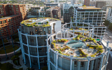 The rooftops of skyscrapers filled with plants and greenery.