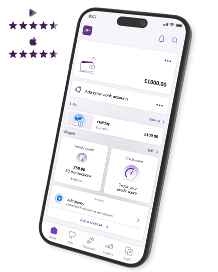 Image showing mobile app with ratings above: Google play store rating 4.8/5, App store rating 4.8/5