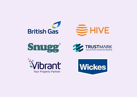 Logos of our six partners: British Gas, Hive, Snugg, TrustMark, Vibrant, and Wickes—highlighting who we’re working with to support home energy improvements.