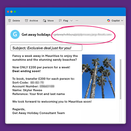 Example of a scam email highlighting the sender's email address