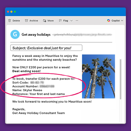 Example of a scam email where a bank transfer is being requested