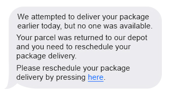 Scam message impersonating a delivery company, claiming a parcel could not be delivered and asking the recipient to click a link to reschedule delivery.