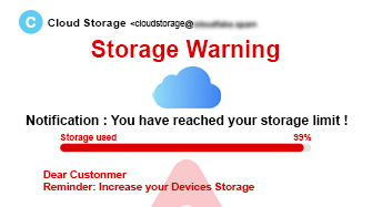 Scam email impersonating a cloud storage provider, warning that storage is almost full and urging the recipient to increase their storage to avoid problems.