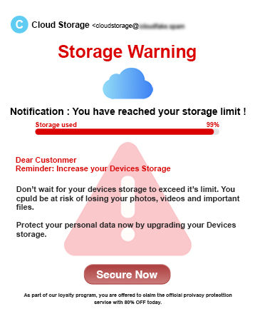 Scam email impersonating a cloud storage provider, warning that storage is almost full and urging the recipient to increase their storage to avoid problems.