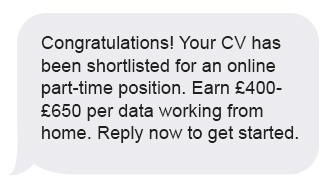 Scam message impersonating a company advertising an online job, claiming to offer you attractive pay and asking you to reply to proceed.
