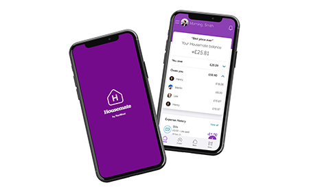 Two screens are shown. First screen shows the Housemate logo with a purple background. Second screen shows the Housemate home page, showing 'Your Housemate balance' with a break down of what you owe, who owes you and a list of your expense history. 