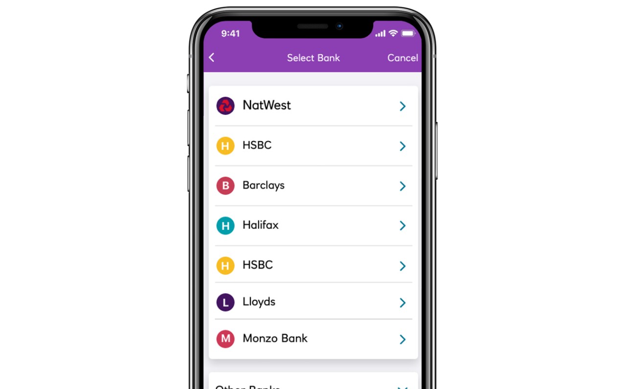 Housemate app is open, showing the 'Select Bank' tab. This includes various different Banks, including NatWest, HSBC, Barclays , Monzo and many more.