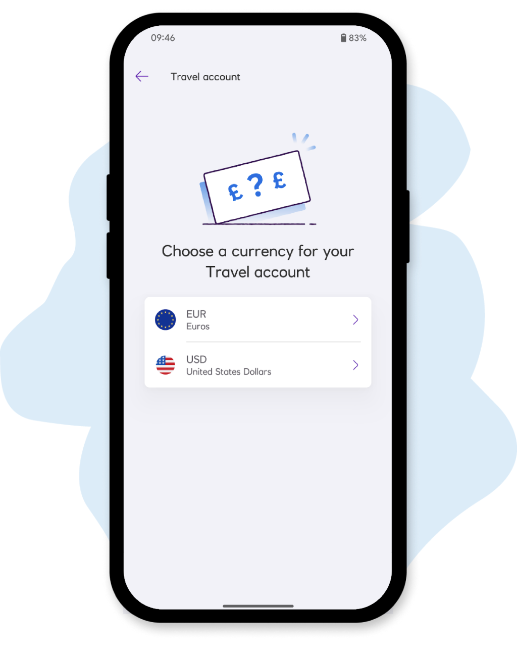 Travel account currency choosing screen mobile app