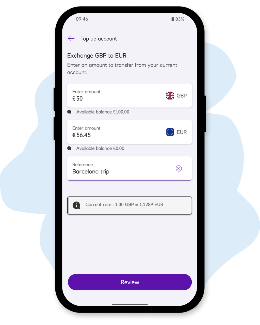 Travel account top up mobile app screen