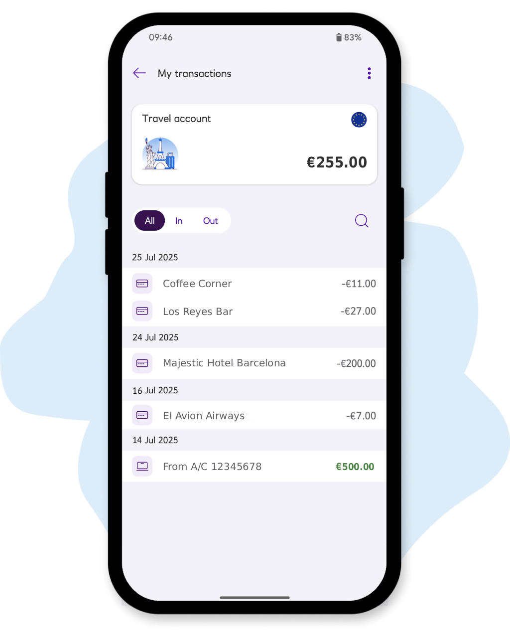 Travel account transaction history mobile app