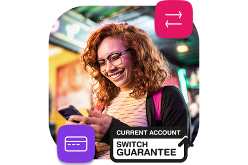image of a woman using her phone with a current account switch guarantee logo