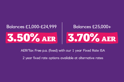 3.50% AER/tax-free p.a. (fixed) on balances £1,000 - £24,999 and 3.70%  AER/tax-free p.a. (fixed) on balances £25,000+ on our 1 year Fixed Rate ISA. With our 2 year fixed rate option available at alternative rates.