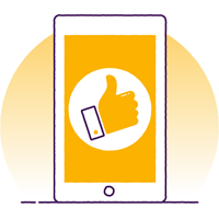 A yellow illustration of a mobile device with a thumbs up displaying on its screen
